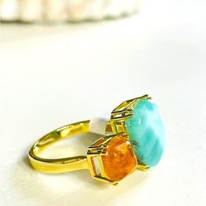 Gold plated silver ring Larimar and Ámbar gemstone